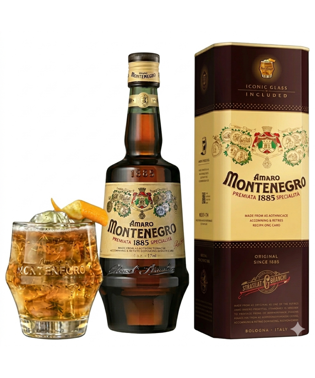 Amaro Montenegro Liqueur 700ml -  Icon Glass Gift Pack