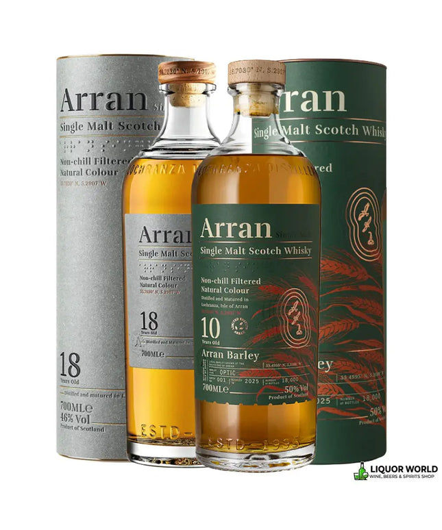 Arran 10 Year Old Barley Batch 001 + 18 Year Old Limited Edition Single Malt Scotch Whisky 2 x 700mL