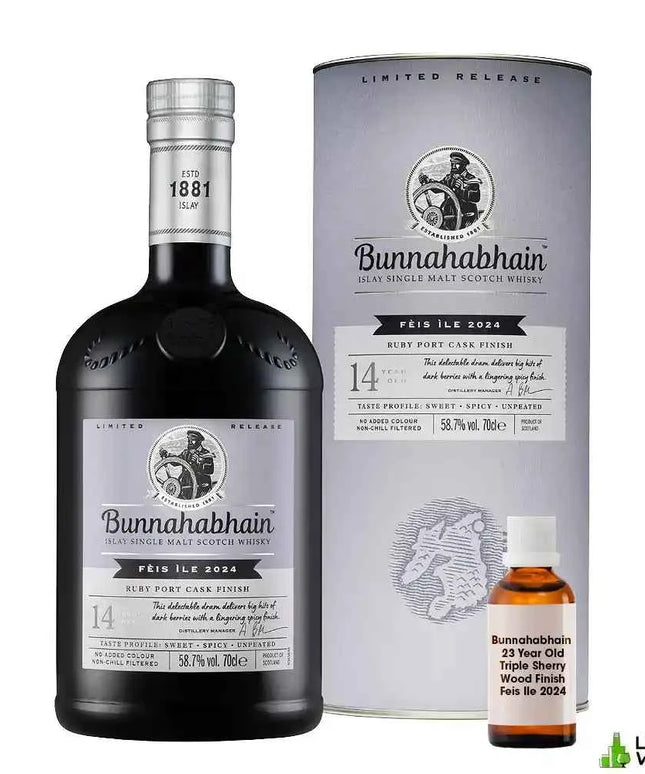 Bunnahabhain 14 Year Old Feis Ile 2024 Ruby Port Cask Finish Cask Strength Single Malt Scotch Whisky 700mL + 15mL Sample