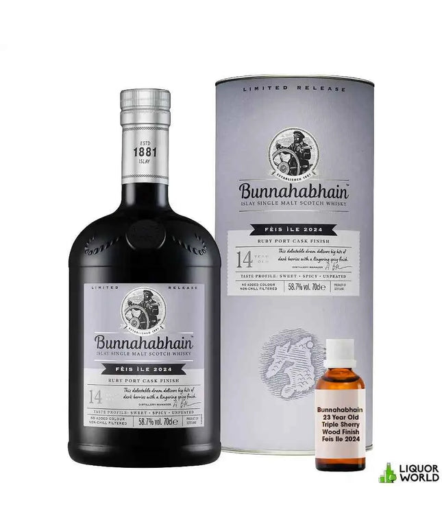 Bunnahabhain 14 Year Old Feis Ile 2024 Ruby Port Cask Finish Cask Strength Single Malt Scotch Whisky 700mL + 15mL Sample