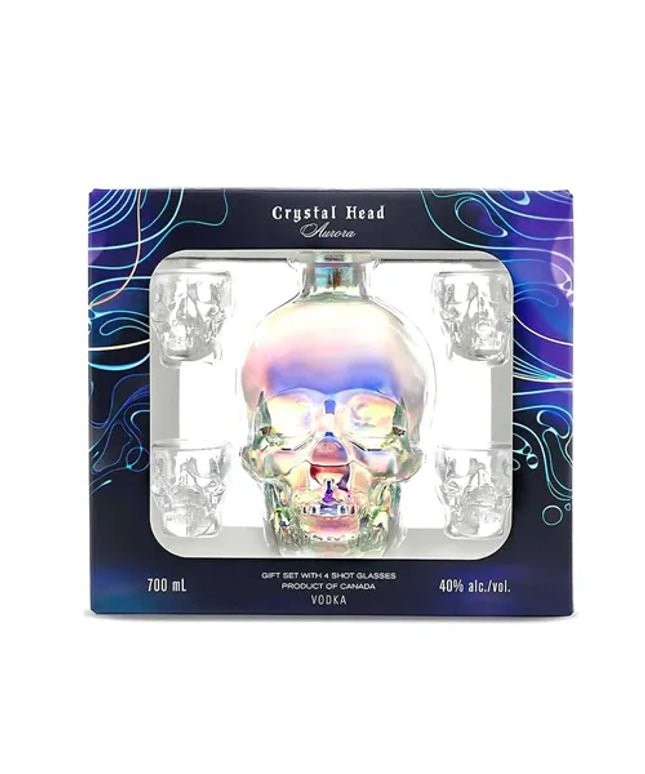 Crystal Head Skull Decanter Aurora + 4 Shot Glasses Gift Set Vodka 700mL - Liquorworld