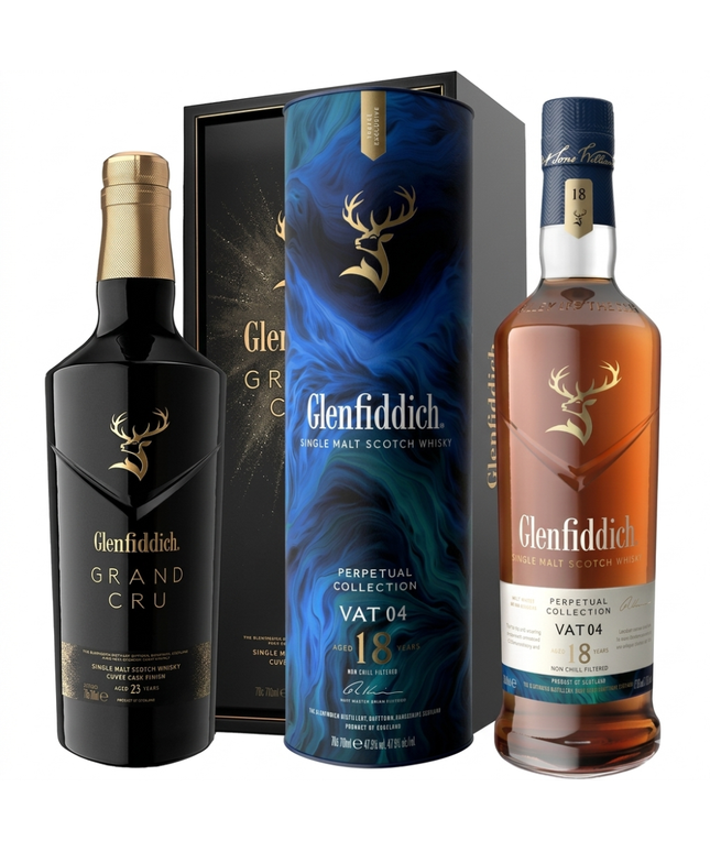 Glenfiddich 23 Year Old Grand Cru Cuvee Cask Finish 43% + 18 Year Old Perpetual Collection VAT 04 Single Malt Scotch Whisky 2 x 700mL