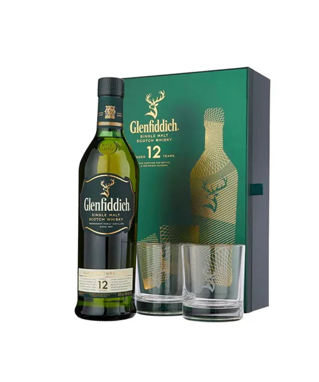 Glenfiddich 12 Year Old + 2 Glasses Gift Pack Single Malt Scotch Whisky 700mL