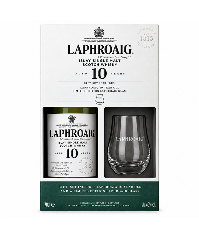 Laphroaig 10 Year Old Single Malt Scotch Whisky 700mL + Glass Gift Set