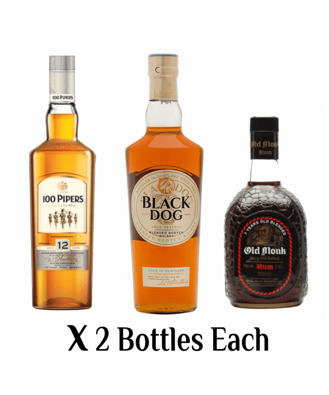 Old Monk 7YO Rum + 100 Pipers 12YO + Black Dog Triple Gold Reserve – 6 Bottle Combo Pack (2 Each)