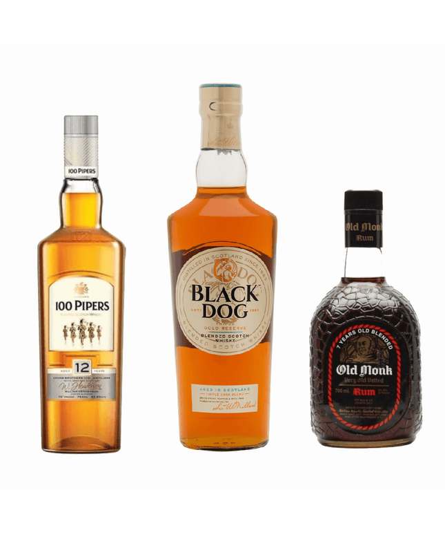 Old Monk 7YO Rum + 100 Pipers 12YO Whisky + Black Dog Triple Gold Reserve – 3 Bottle Combo Pack