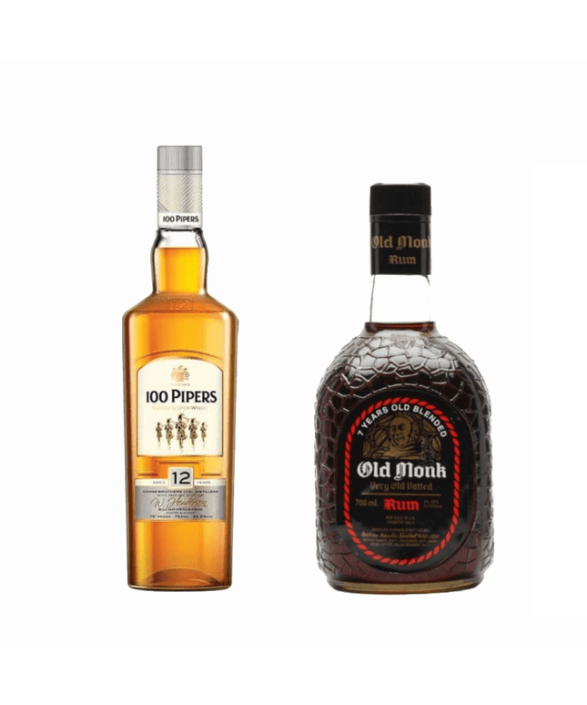Old Monk 7YO Rum + 100 Pipers 12YO Whisky – 2 Bottle Combo