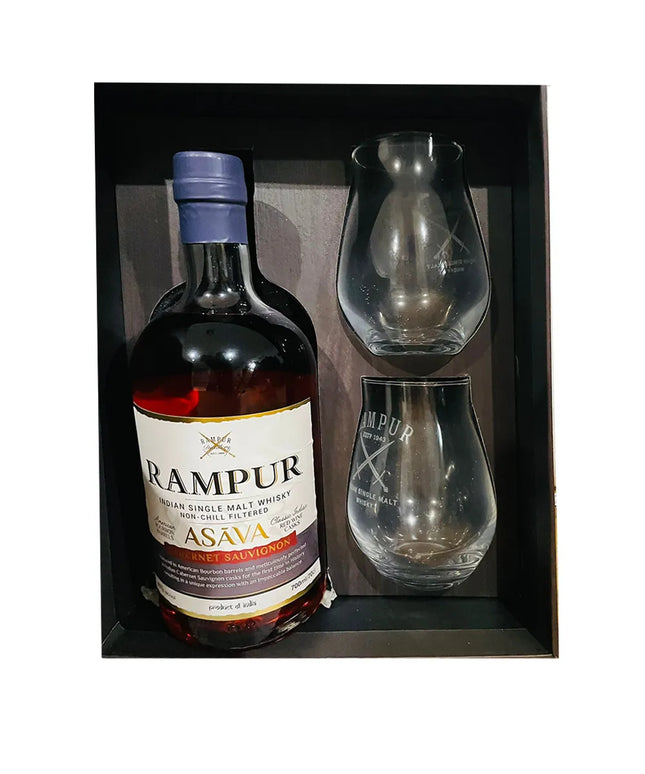 Rampur Asava Indian Single Malt Whisky 700ml + 2 Glasses Pack