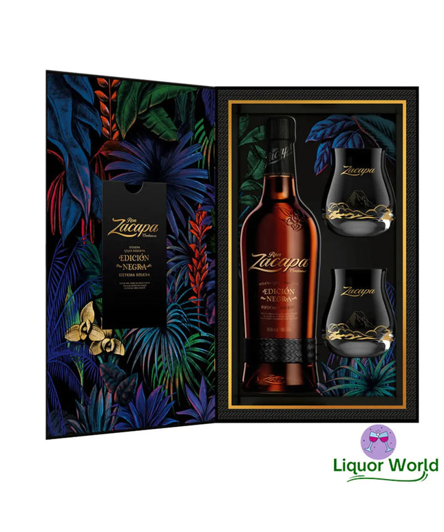 Zacapa Centenario Edicion Negra Sistema Solera Gran Reserva Rum + 2 Glasses Gift Pack 700mL - Liquorworld