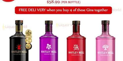 Whitley Neill Original, Rhubarb &amp; Ginger, Raspberry Gin and Pink Grapefruit Gin(4x 700mL)