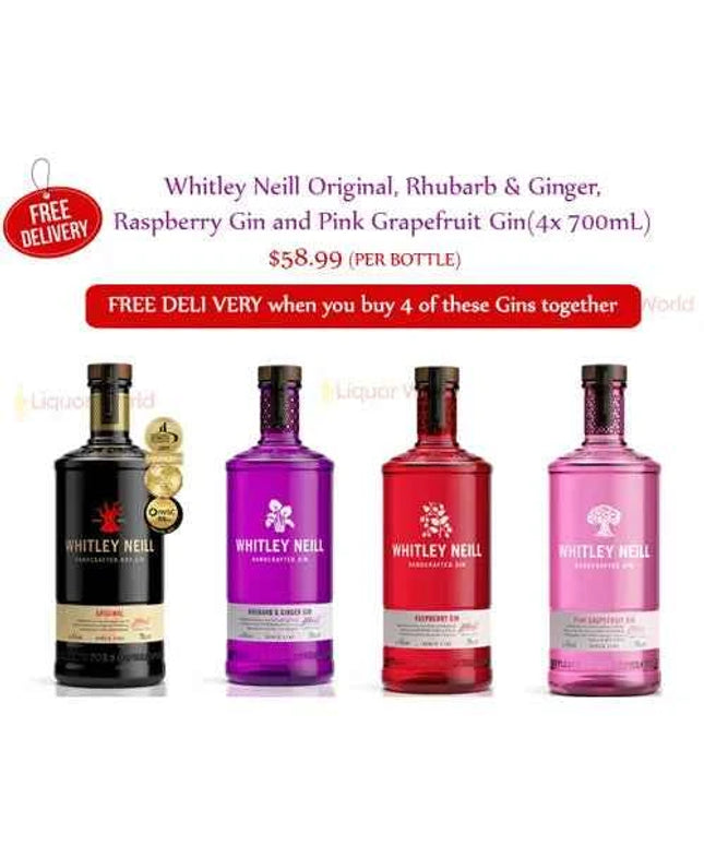 Whitley Neill Original, Rhubarb &amp; Ginger, Raspberry Gin and Pink Grapefruit Gin(4x 700mL)